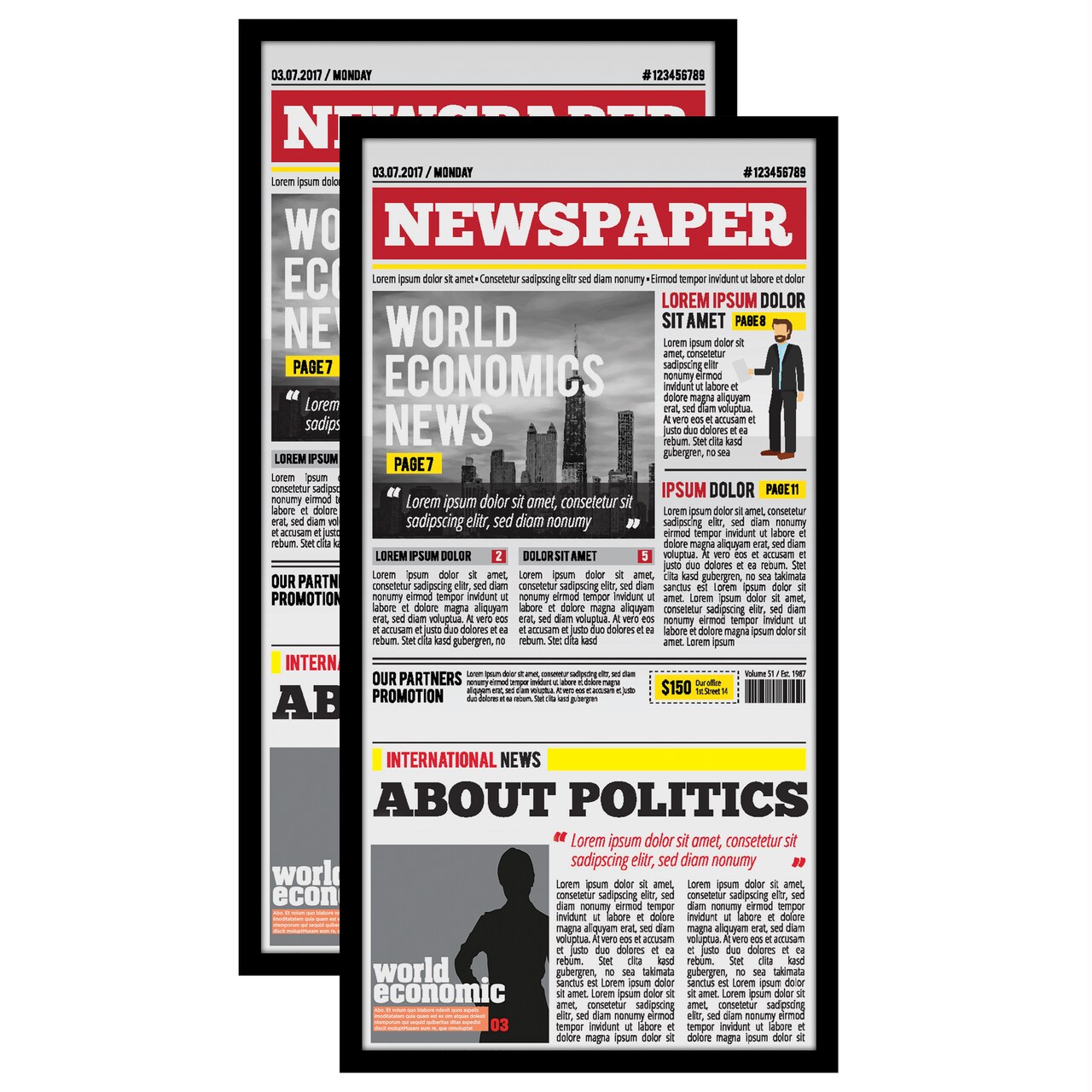 Americanflat 11x22 Newspaper Frame - Set of 2 - Newspaper Display Frame for Showcasing Articles - Polished Plexiglass Cover - Hanging Hardware - Black